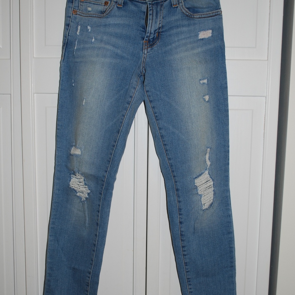 Red engine, distressed denim, stretch, skinny fit